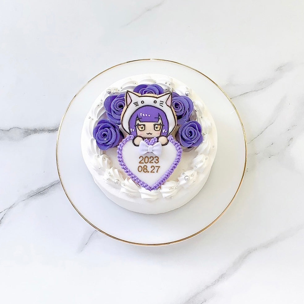 プレート持ちイラストクッキー付き薔薇ケーキ