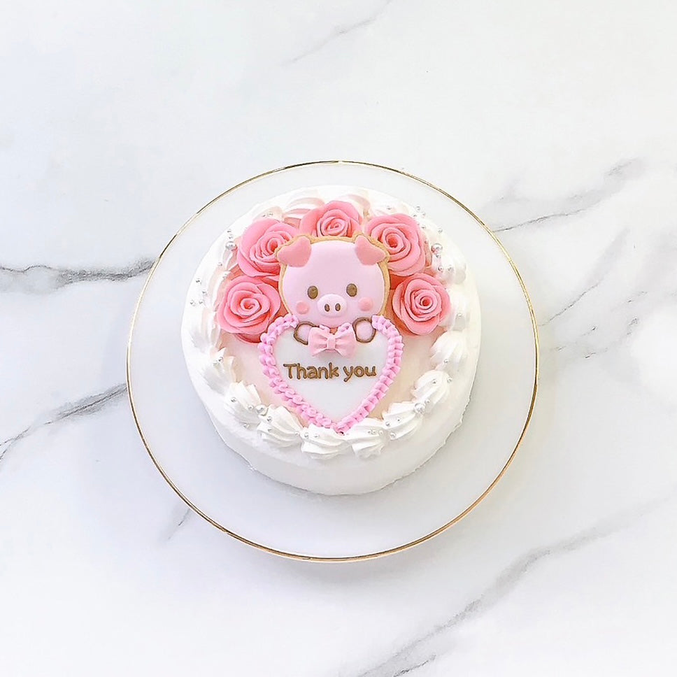 プレート持ちイラストクッキー付き薔薇ケーキ