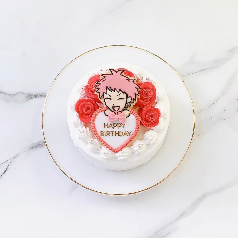 プレート持ちイラストクッキー付き薔薇ケーキ