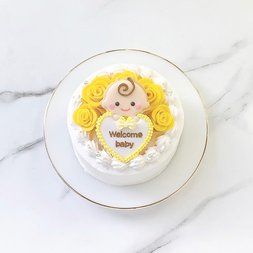 プレート持ちイラストクッキー付き薔薇ケーキ