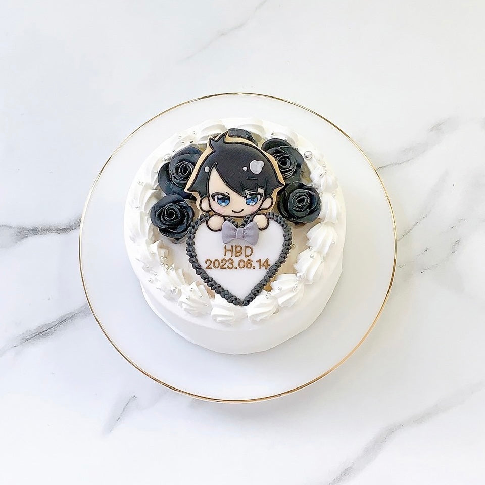 プレート持ちイラストクッキー付き薔薇ケーキ