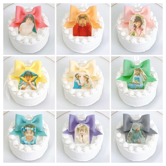 写真プリントチョコ付きパステルリボンケーキ