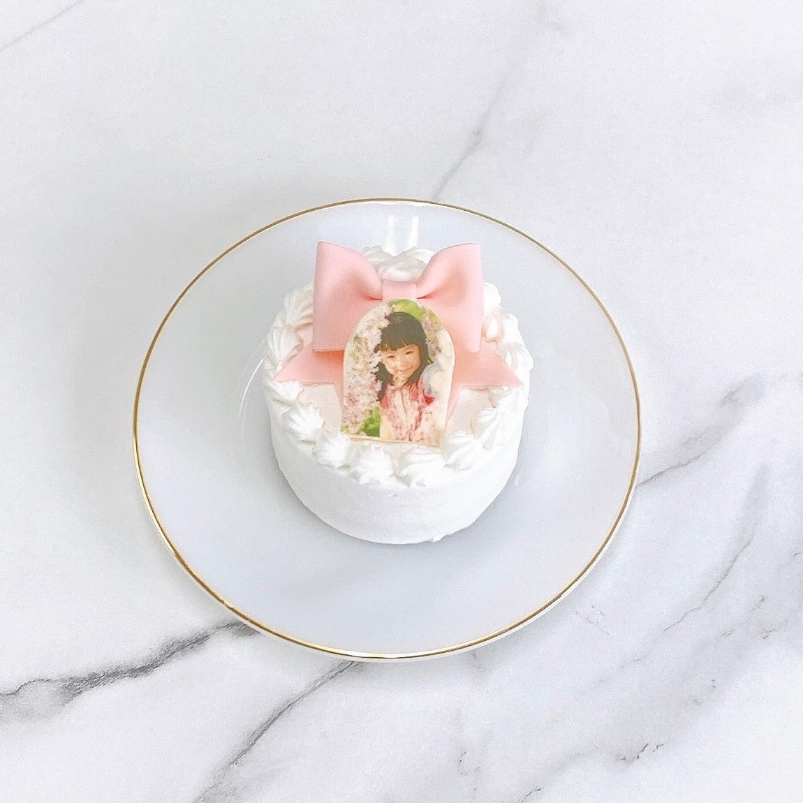 写真プリントチョコ付きパステルリボンケーキ