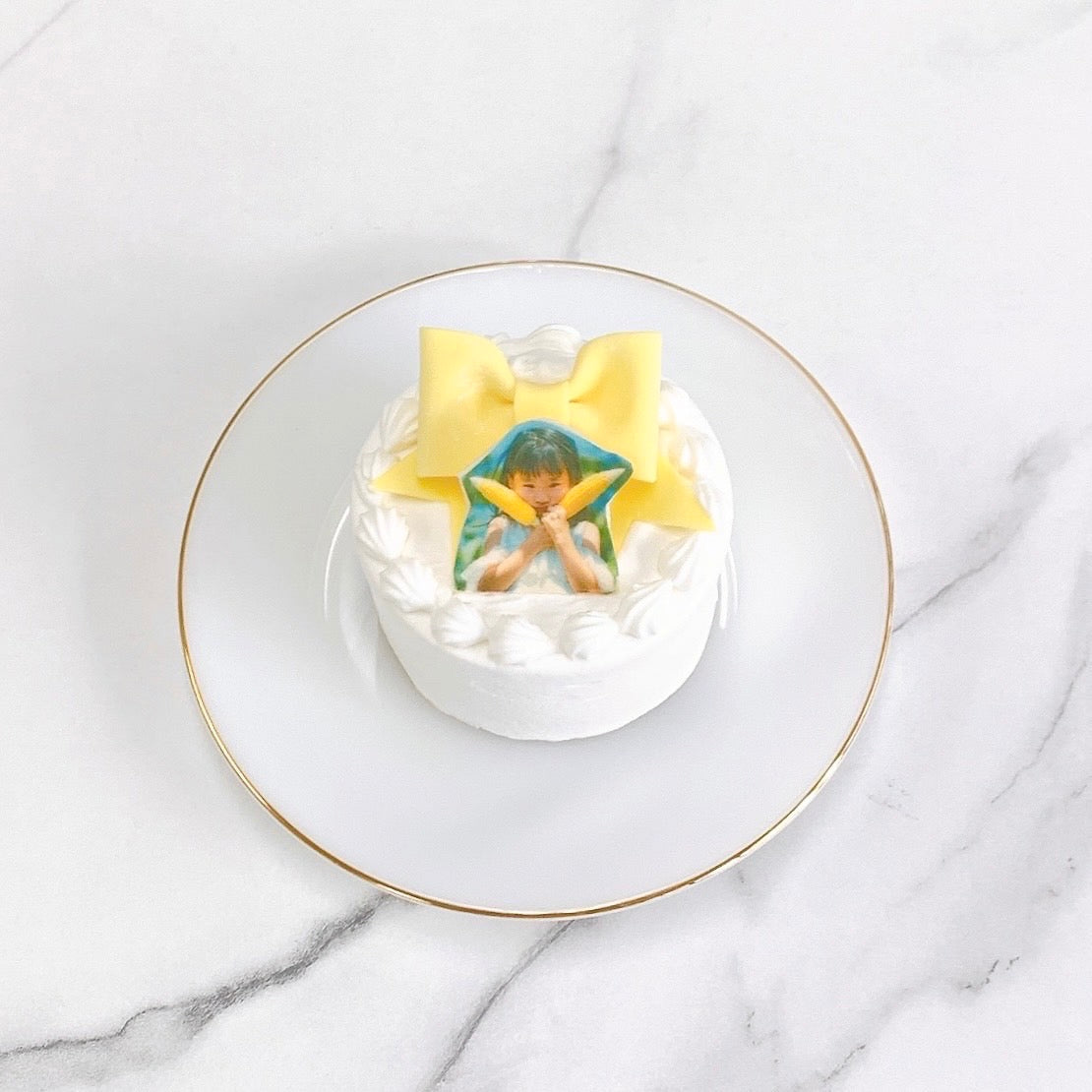 写真プリントチョコ付きパステルリボンケーキ