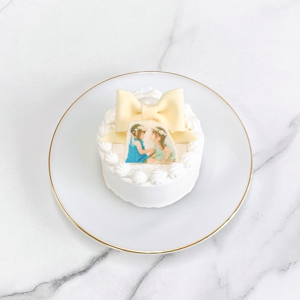 写真プリントチョコ付きパステルリボンケーキ