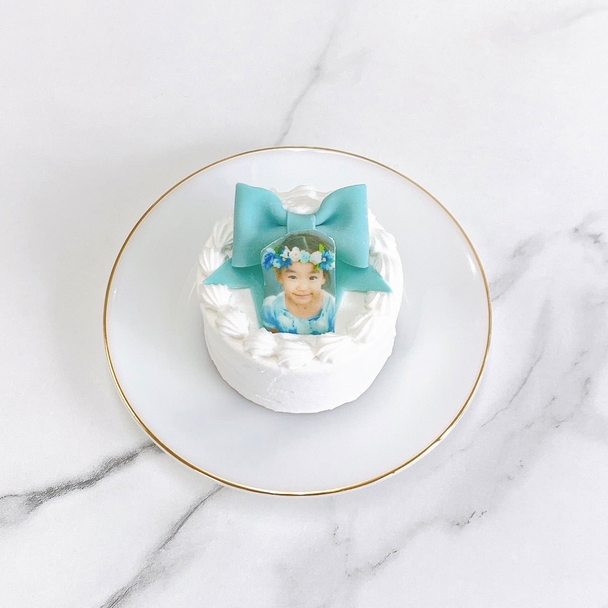 写真プリントチョコ付きパステルリボンケーキ