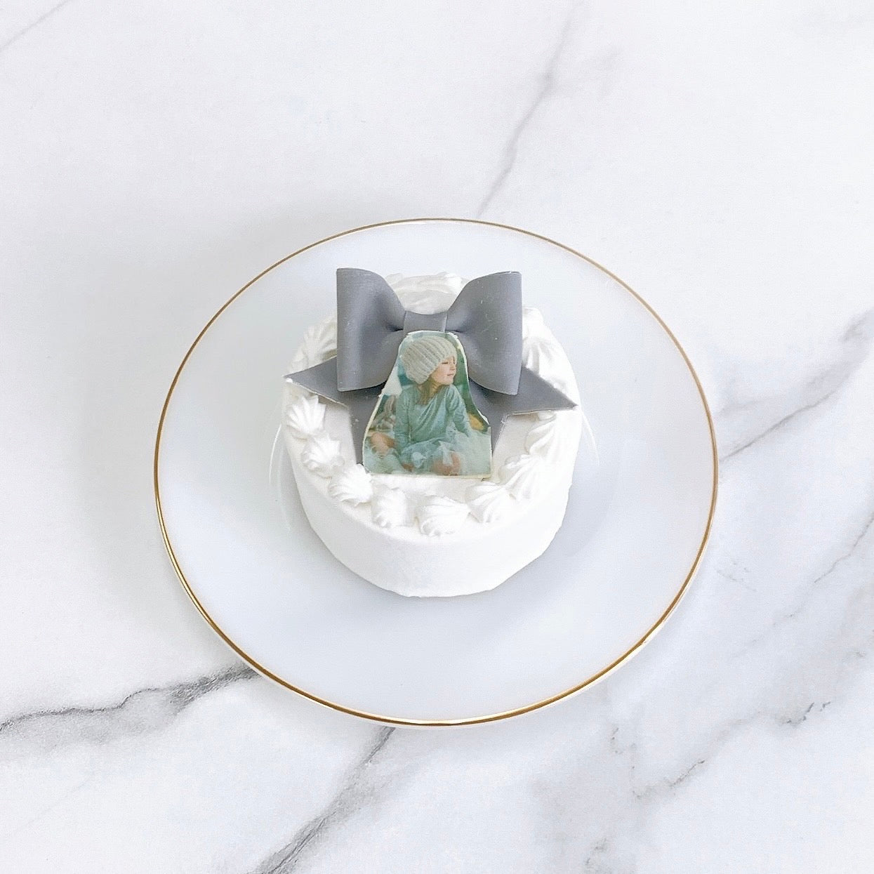 写真プリントチョコ付きパステルリボンケーキ